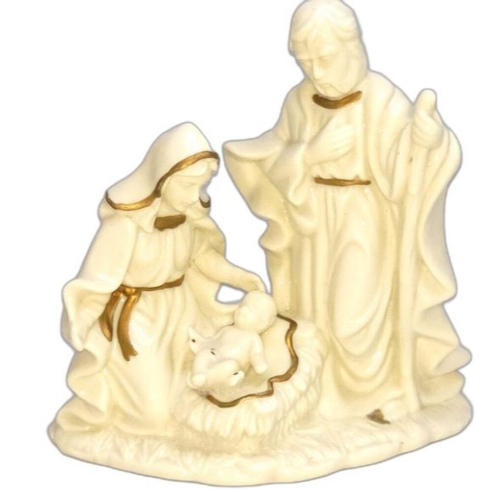 Nativity‎ One Piece White and Gold Ceramic Holy Family 7.5"X7"X4.25"
